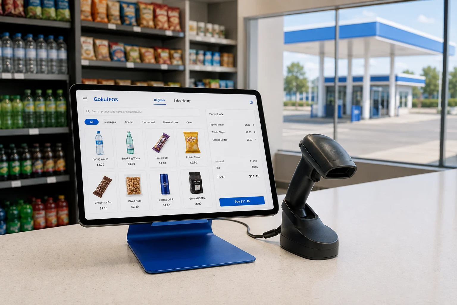 Illustrative tablet checkout and barcode scanner at a gas-station convenience-store counter