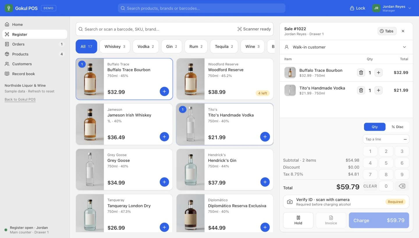 The Gokul POS register with a product catalog, category filters, staff navigation and a current-sale cart.