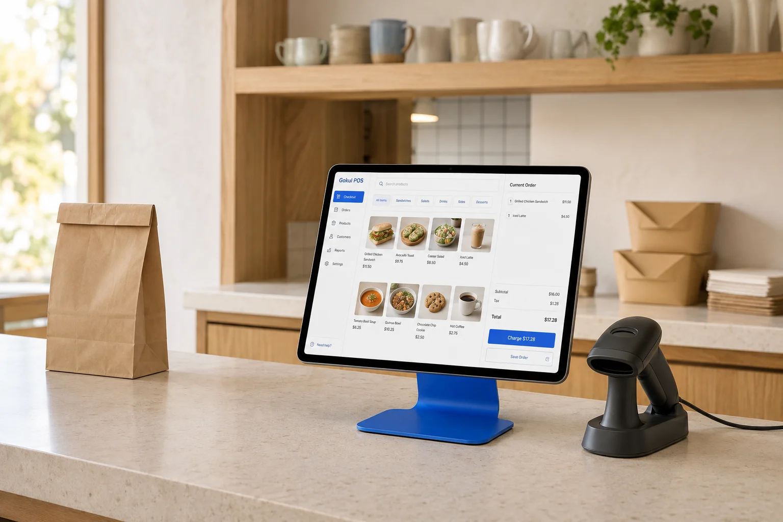 Illustrative iPad point-of-sale setup at a bright restaurant service counter