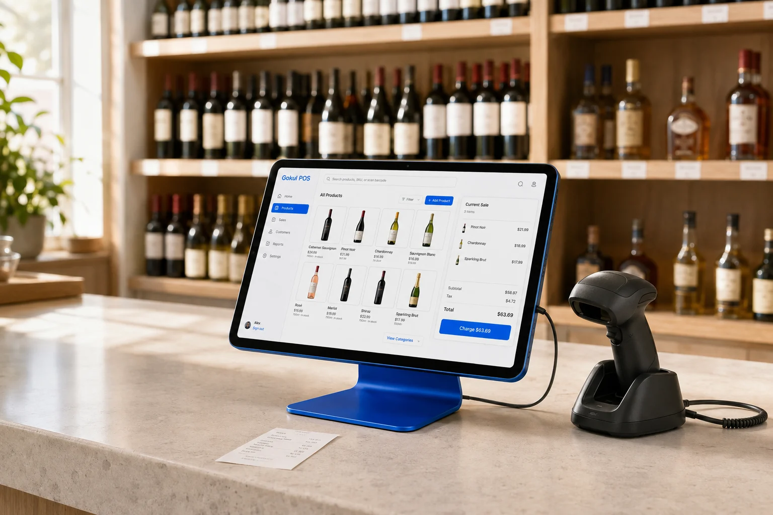 Illustrative iPad checkout and barcode scanner at an independent liquor-store counter